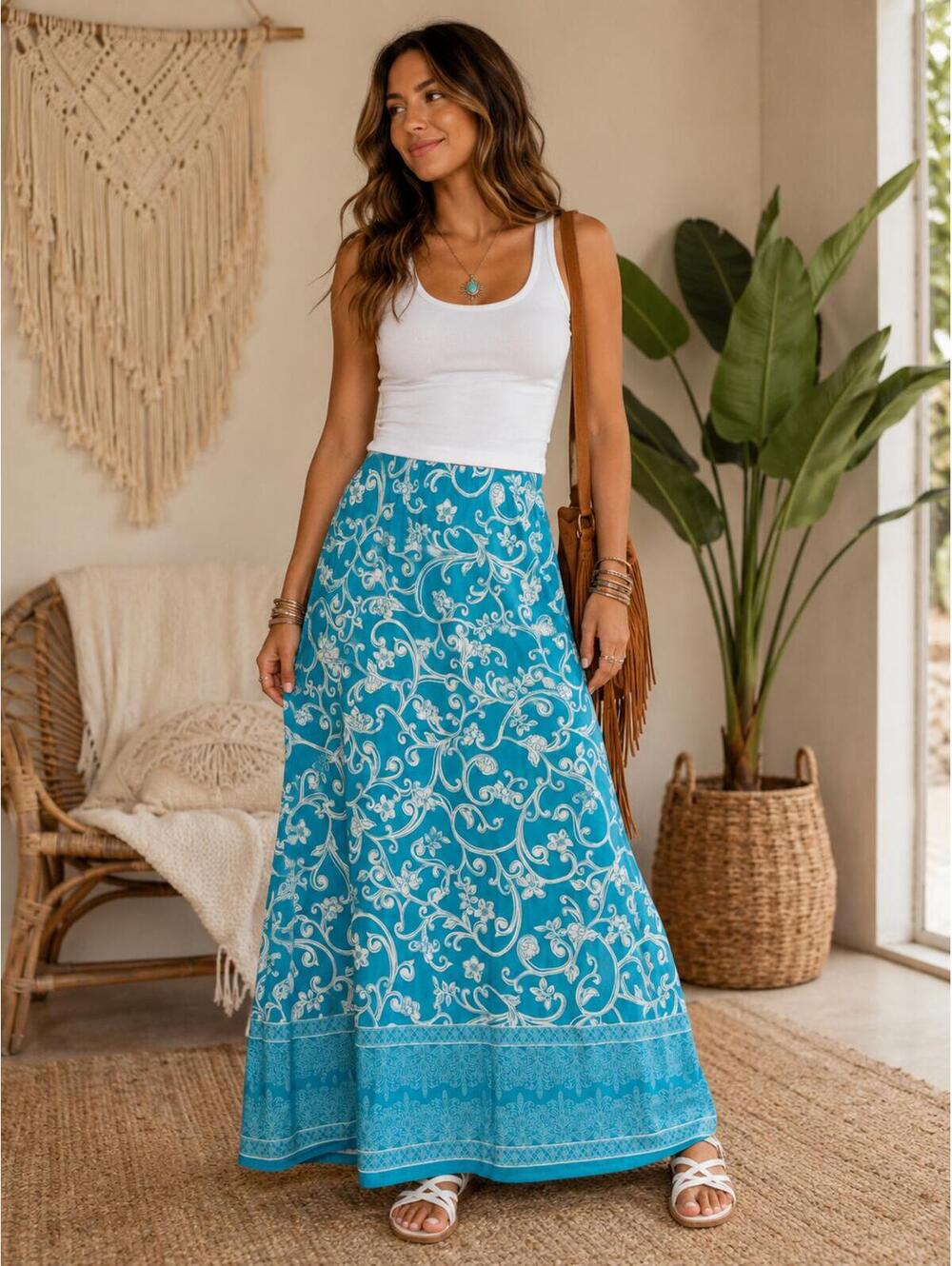 Vince Camuto Blue White Floral Boho Maxi Skirt Women’s XS Stretch